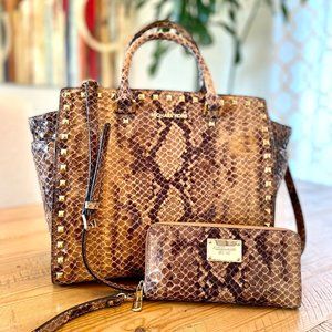 Michael Kors Selma Stud Sand Python Shoulder Bag with matching wallet